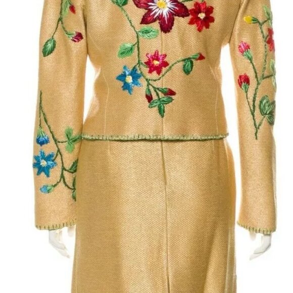 Moschino Couture Italian Gold Linen Lined 3 Piece Skirt Suit Top Jacket USA 10 - Picture 13 of 13